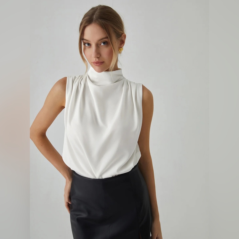 Commense Pleated High Neck Sleeveless Blouse
